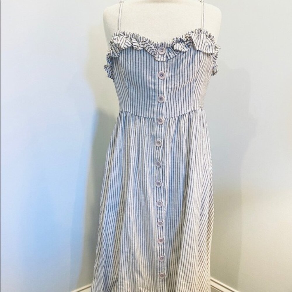 NEW** FRENCH CONNECTION - Button Front Midi Dress - Casual Chic | Stripe Ruffle